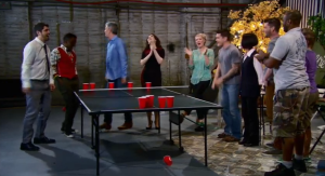 In the judges "trailer park" playing beer pong before the Good With Beer Challenge